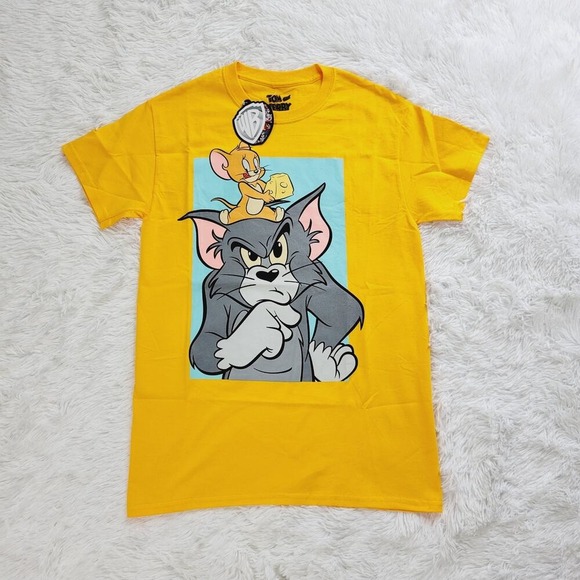 Tom and Jerry Graphic T Shirt Yellow Mens Size S Cartoon Classic Animation - Picture 2 of 4